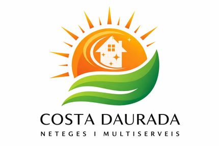 Un logotipo que muestra un amanecer detr&aacute;s de la silueta de una casa blanca, situado sobre dos hojas verdes