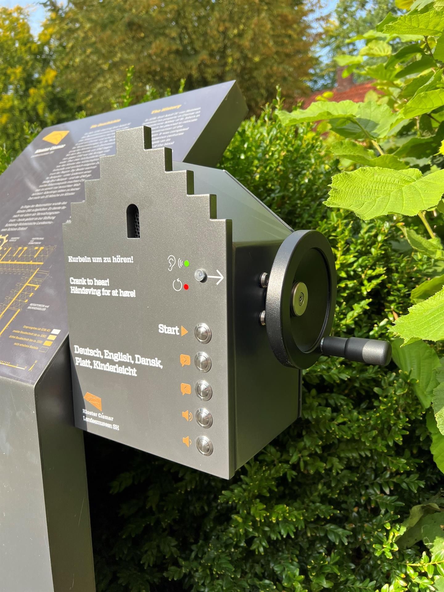 In einem Busch liegt eine schwarze Kiste mit einem Griff.