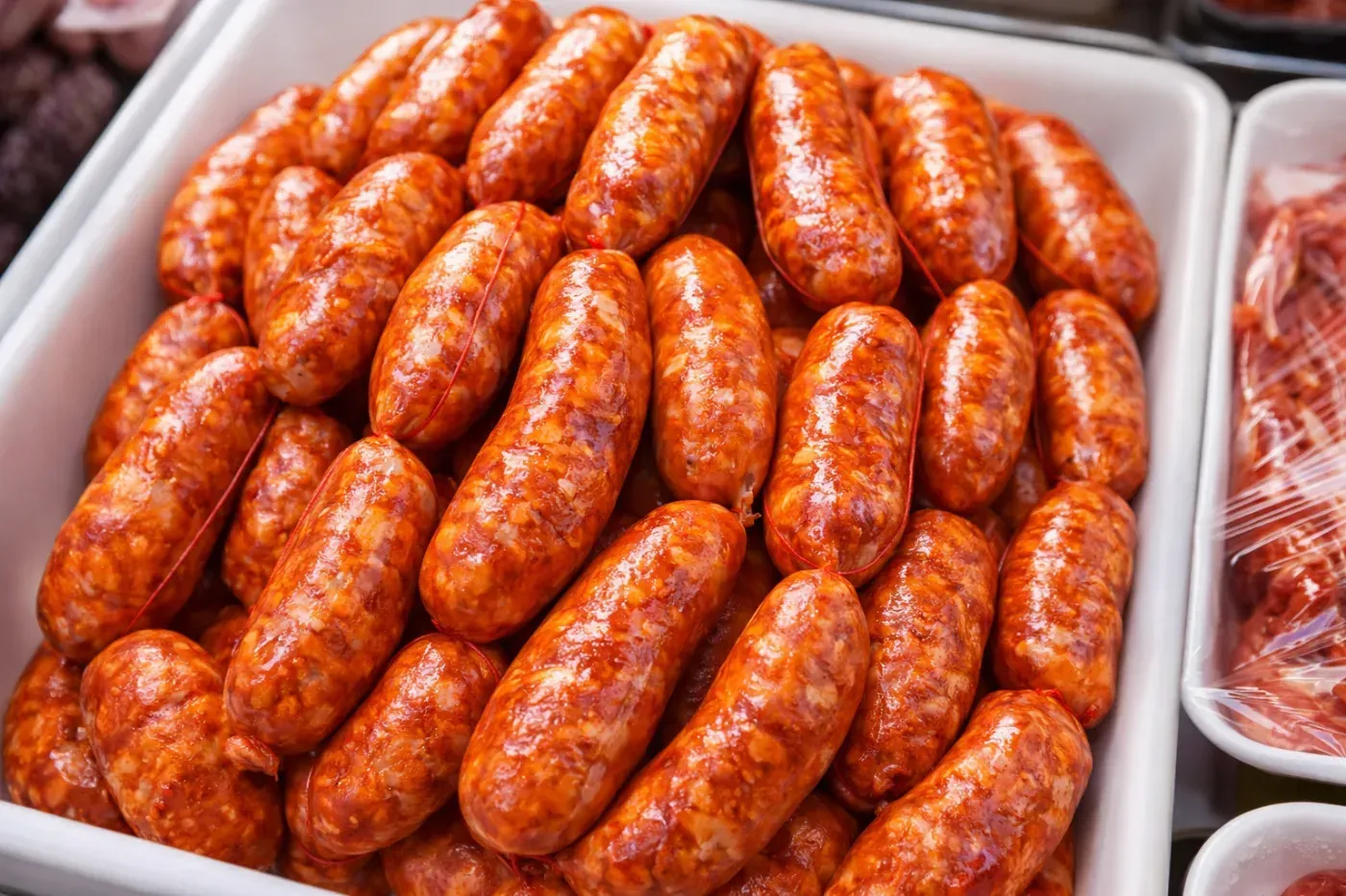 Salchichas en un recipiente blanco, primer plano. Salchichas de color naranja rojizo apiladas.
