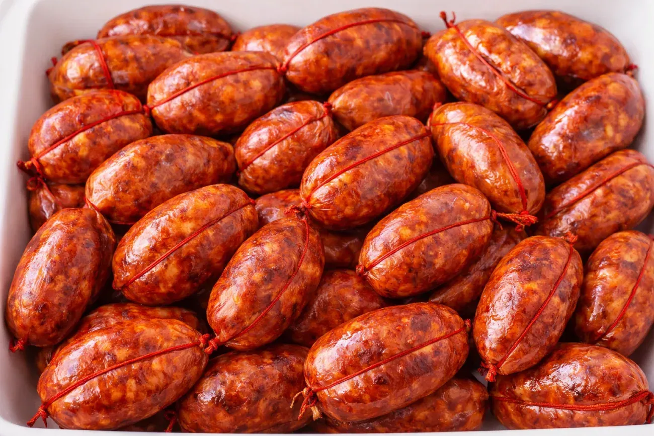 Montón de salchichas de color marrón rojizo en un plato rectangular blanco, atadas con hilo rojo.