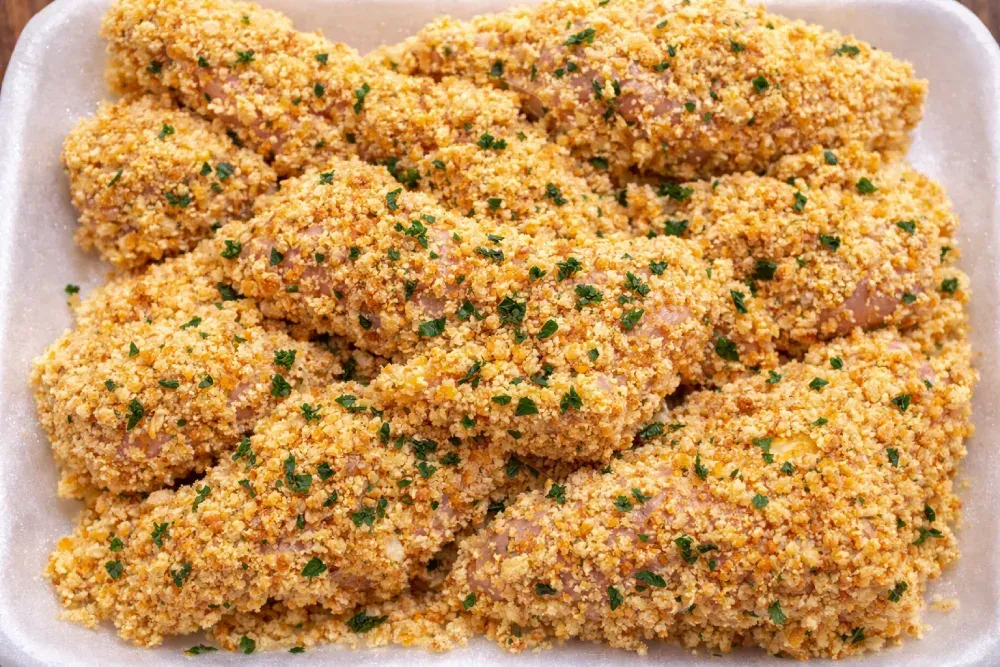 Chuletas de pollo empanizadas en bandeja blanca, rebozadas con pan rallado y perejil.