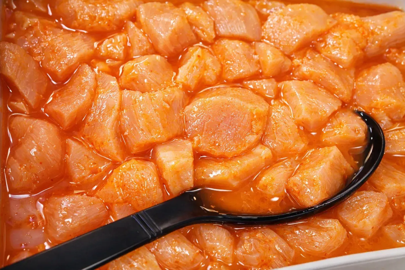 Salmón en cubos en salsa de naranja con una cuchara negra en un plato rectangular blanco.