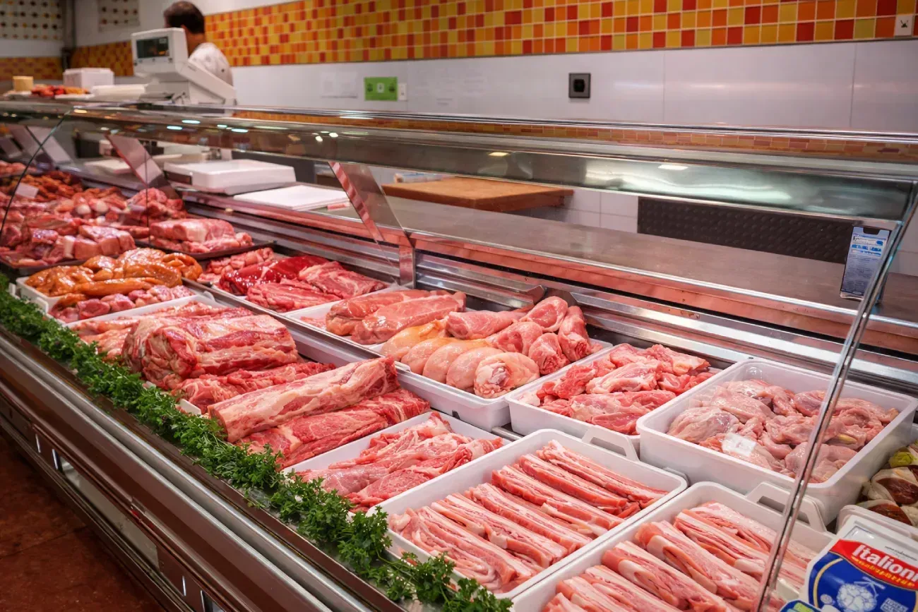 Vitrina expositora de carne en una carnicería, repleta de diversos cortes de carne cruda.