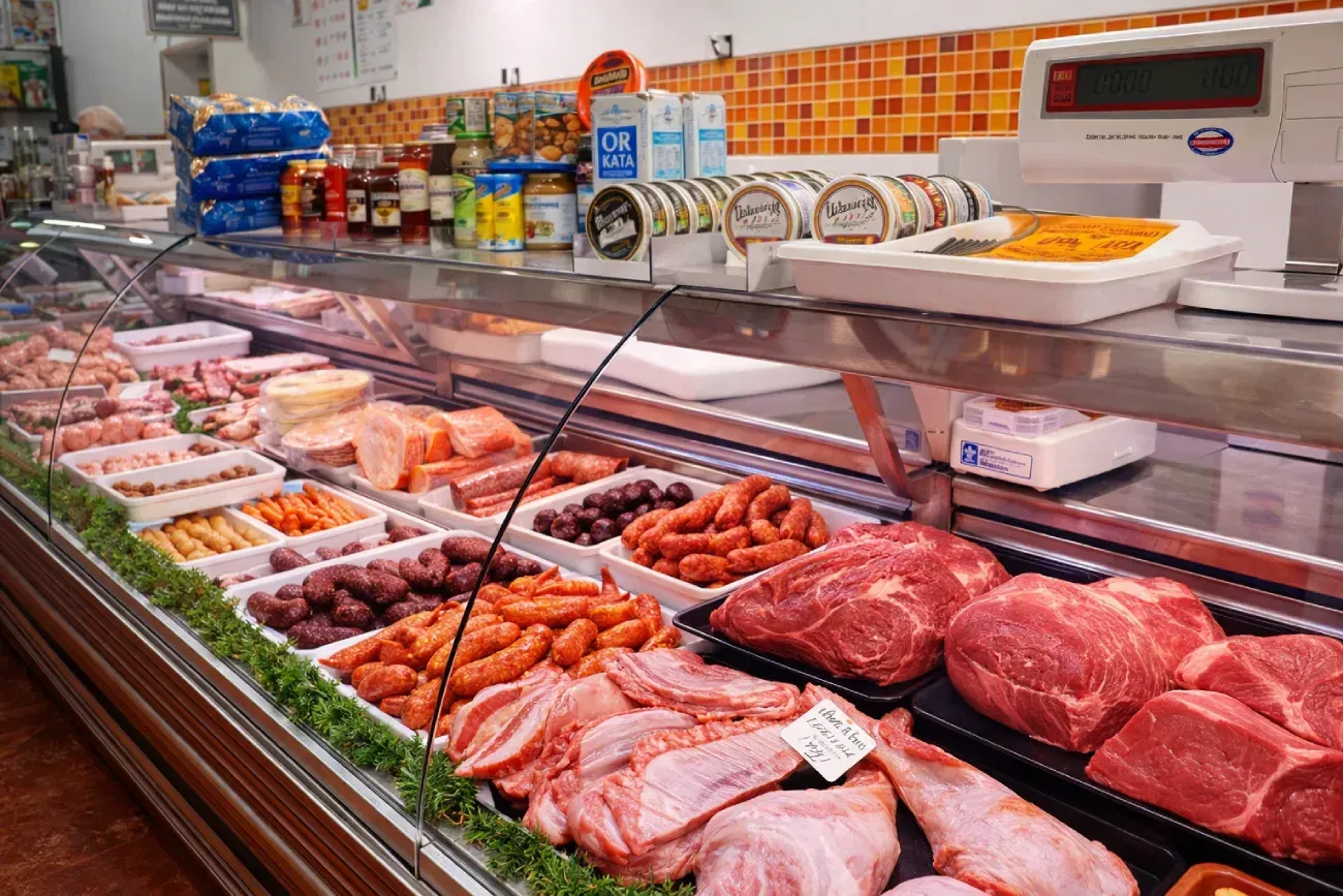 Vitrina de carne en una carnicería, mostrando diversos cortes de carne fresca y embutidos.