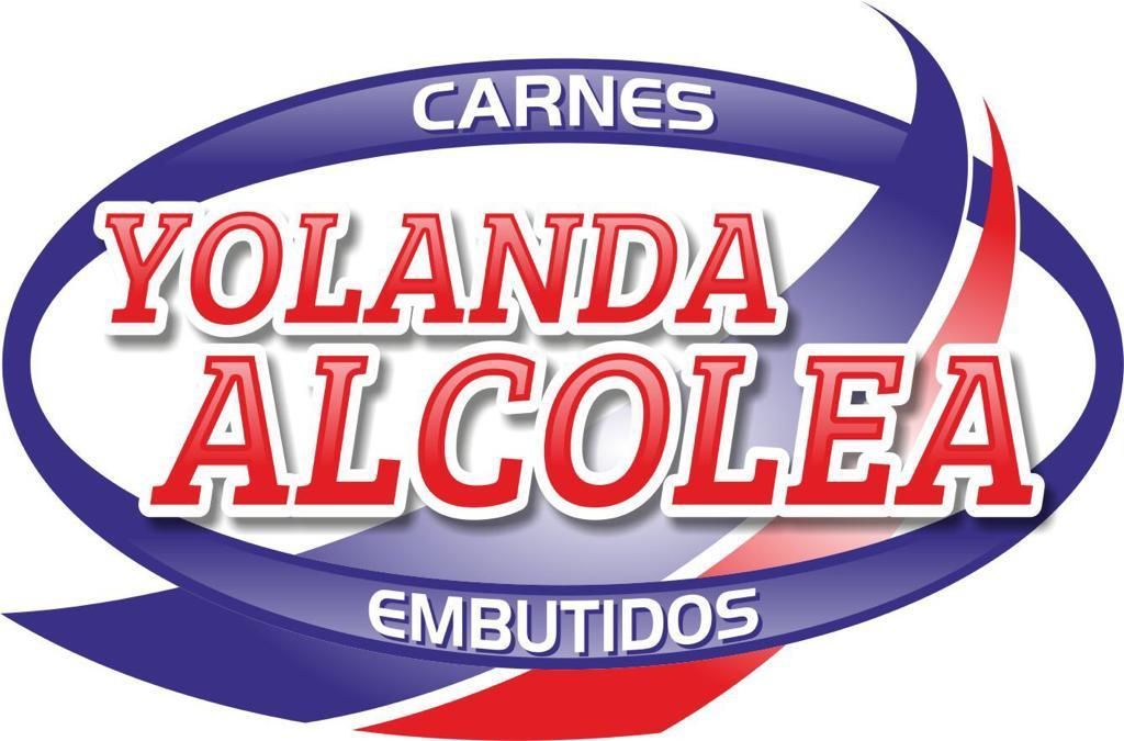 Logotipo de "Yolanda Alcolea" con "Carnes" y "Embutidos". Texto rojo y blanco sobre un &oacute;valo azul.