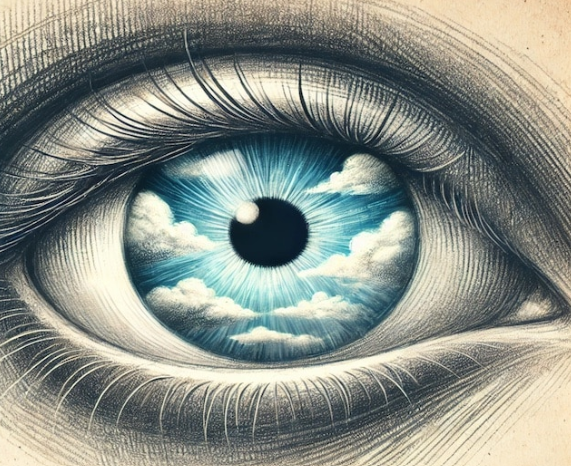L'iris de l'œil est bleu avec des nuages