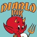 Personaje de dibujos animados del diablo rojo sosteniendo un tridente, con las palabras "DIABLO INK" encima.