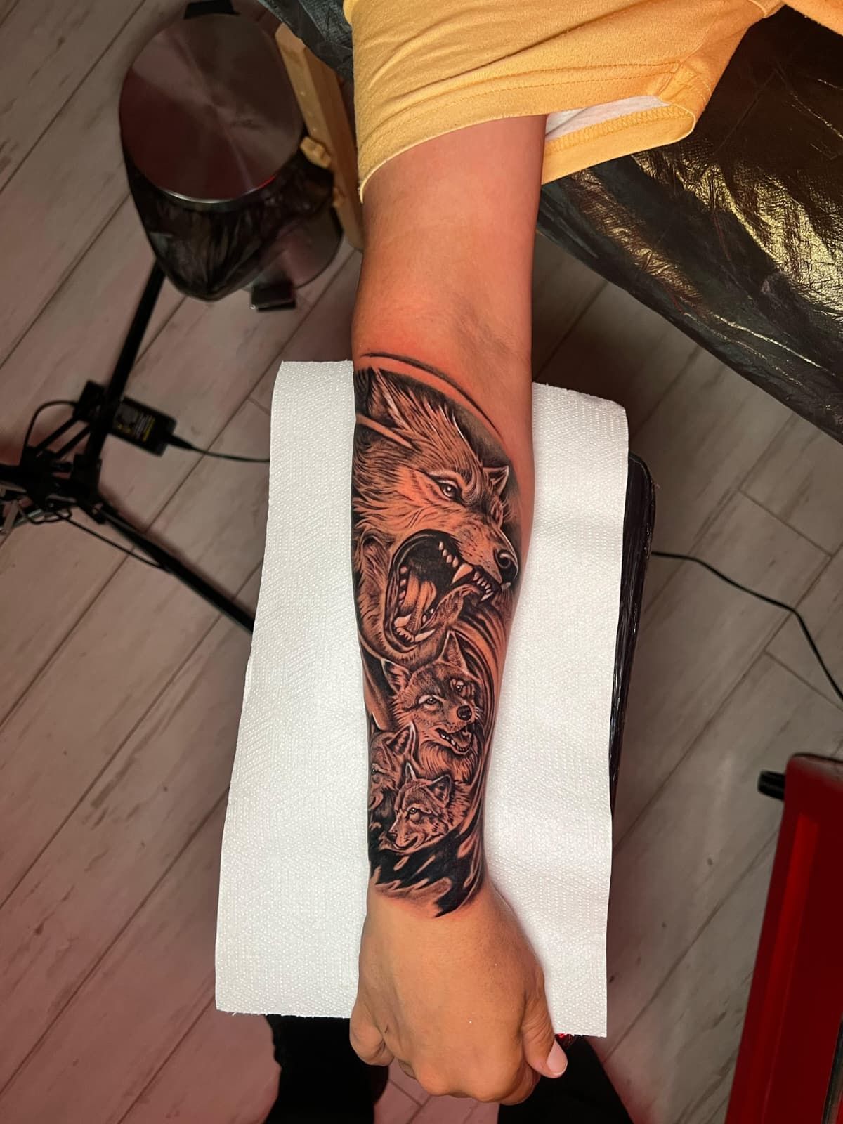 Tatuaje de un lobo gruñendo en un antebrazo, colocado sobre una toalla blanca en un estudio.