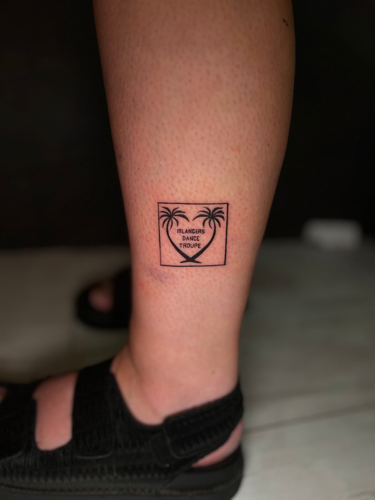 Un tatuaje en blanco y negro de palmeras en forma de corazón dentro de un cuadrado en una pierna.
