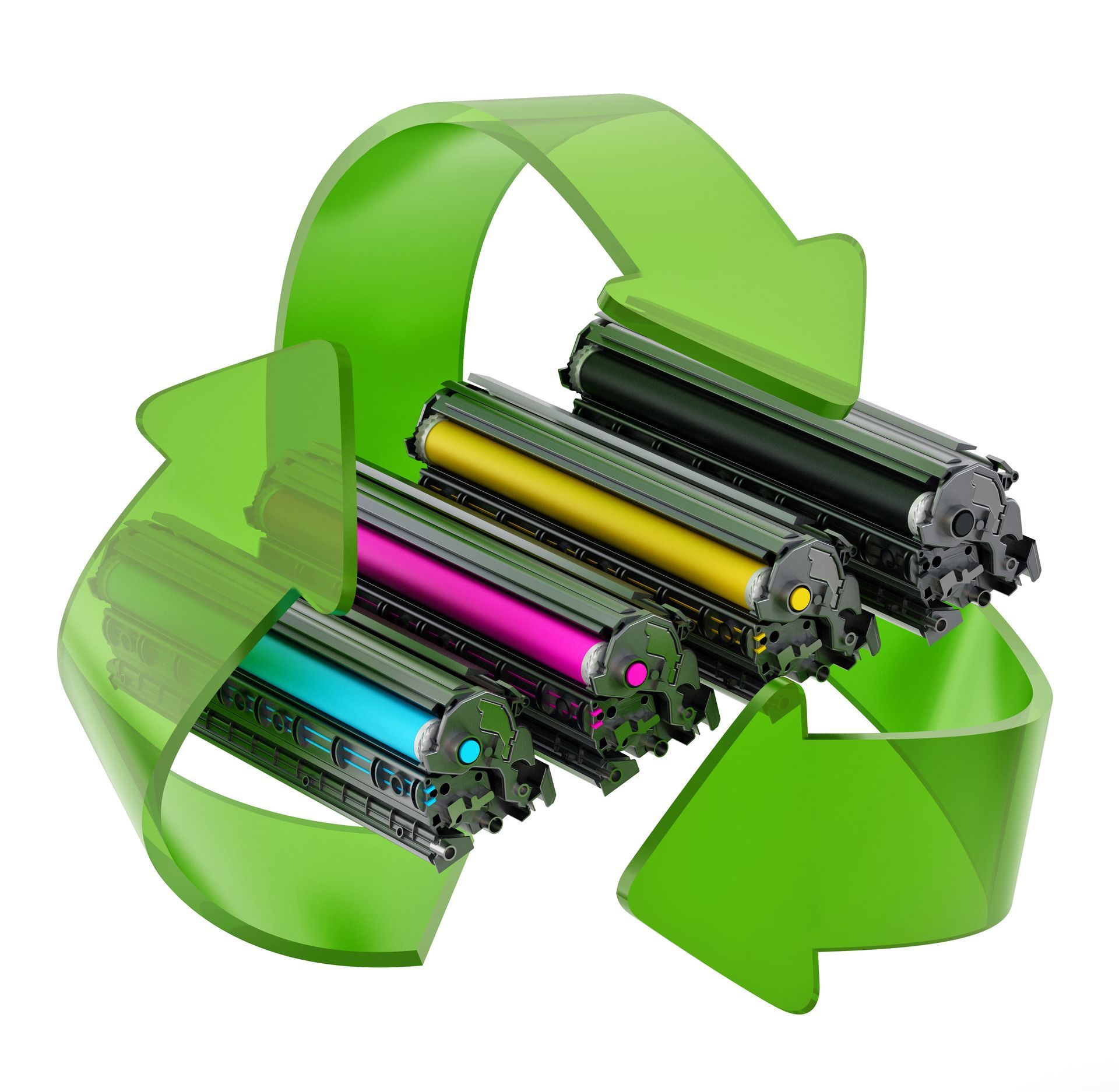 Photo de plusieurs cartouches d'encre dans le logo recyclage
