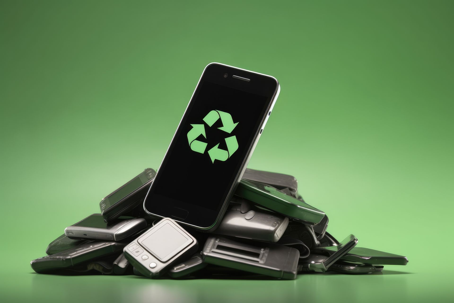 Photo d'un téléphone avec le logo du recyclage sur l'écran