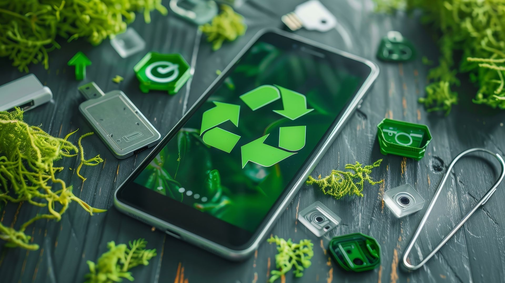 Photo d'un smartphone avec le symbole recyclage sur l'écran