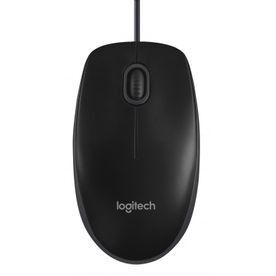 Un ratón Logitech negro con un cable conectado a él sobre un fondo blanco.