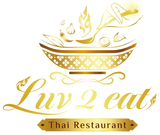 Goldenes Logo für das thailändische Restaurant „Luv 2 eat“ mit stilisierter Schüssel und Dampf.