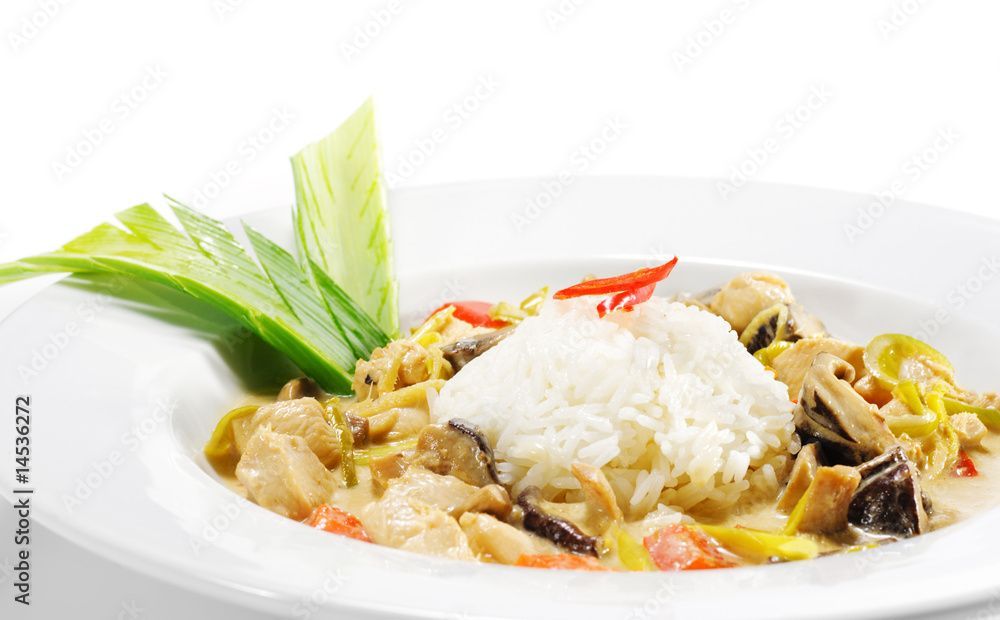Hühnercurry mit Reis auf einem weißen Teller, garniert mit Gemüse.