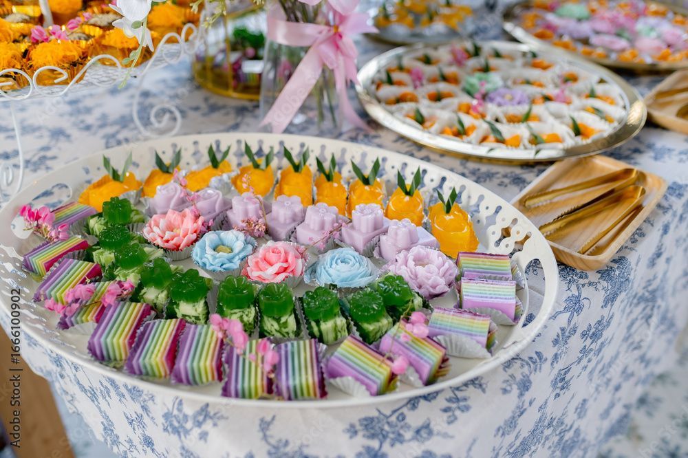 Verschiedene bunte thailändische Desserts auf einem weißen Tablett, auf einer geblümten Tischdecke.