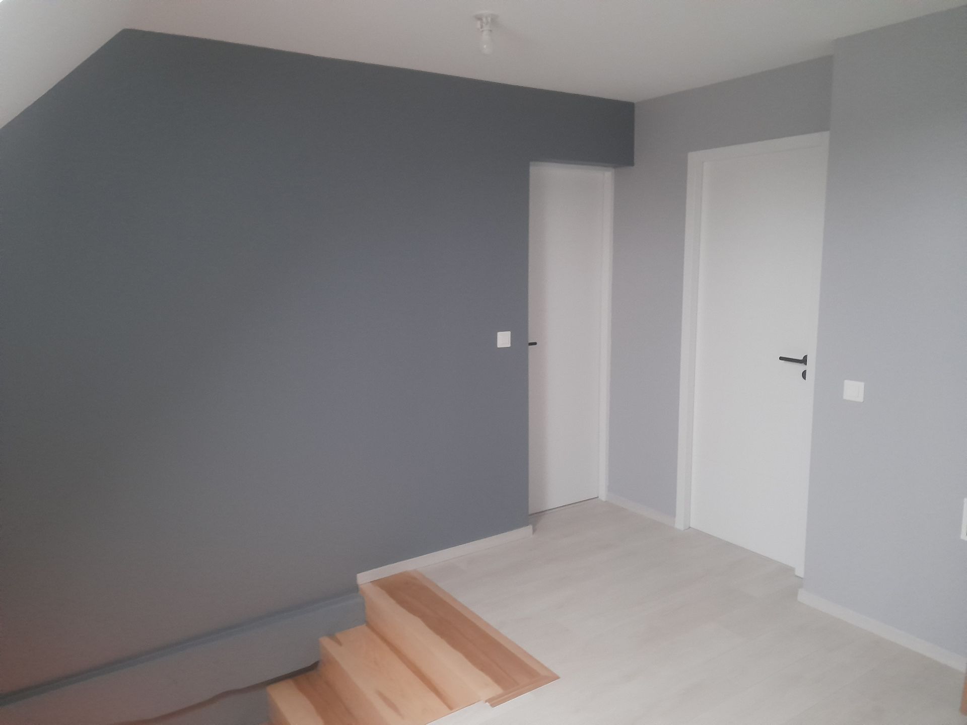 Intérieur d'une maison avec un mur peint en gris foncé et un mur en gris clair