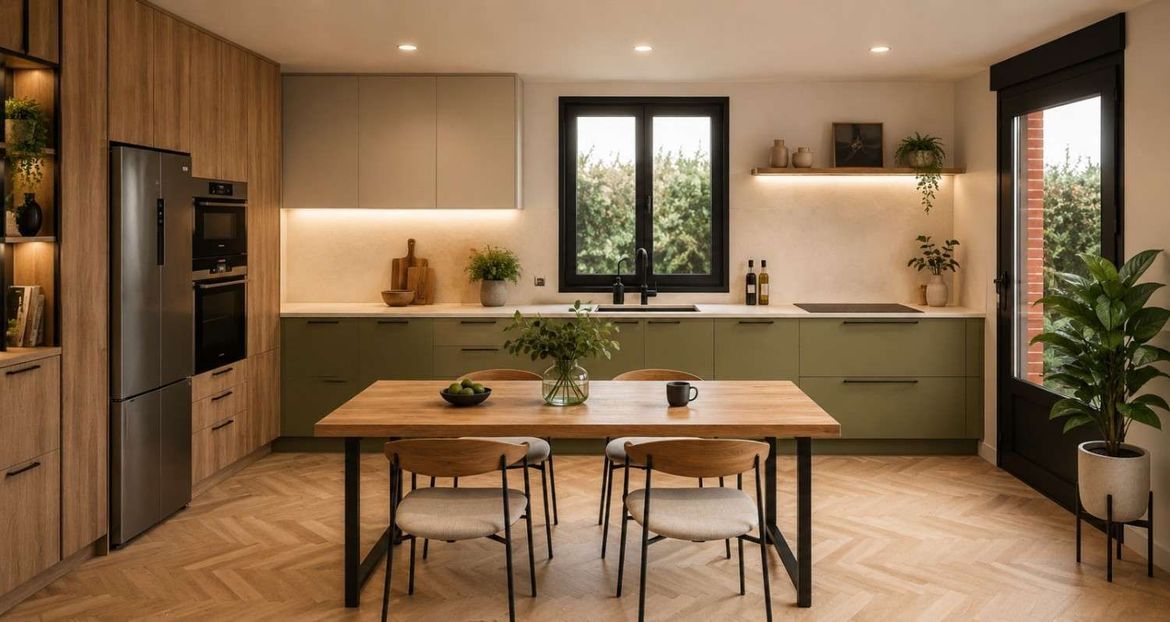 Cocina moderna con mesa de comedor de madera, armarios verdes y grandes ventanales.