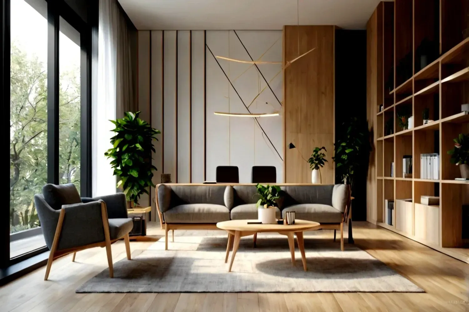 Sala de estar moderna con grandes ventanales, estanterías de madera, sofá gris, sillón y mesa de centro.
