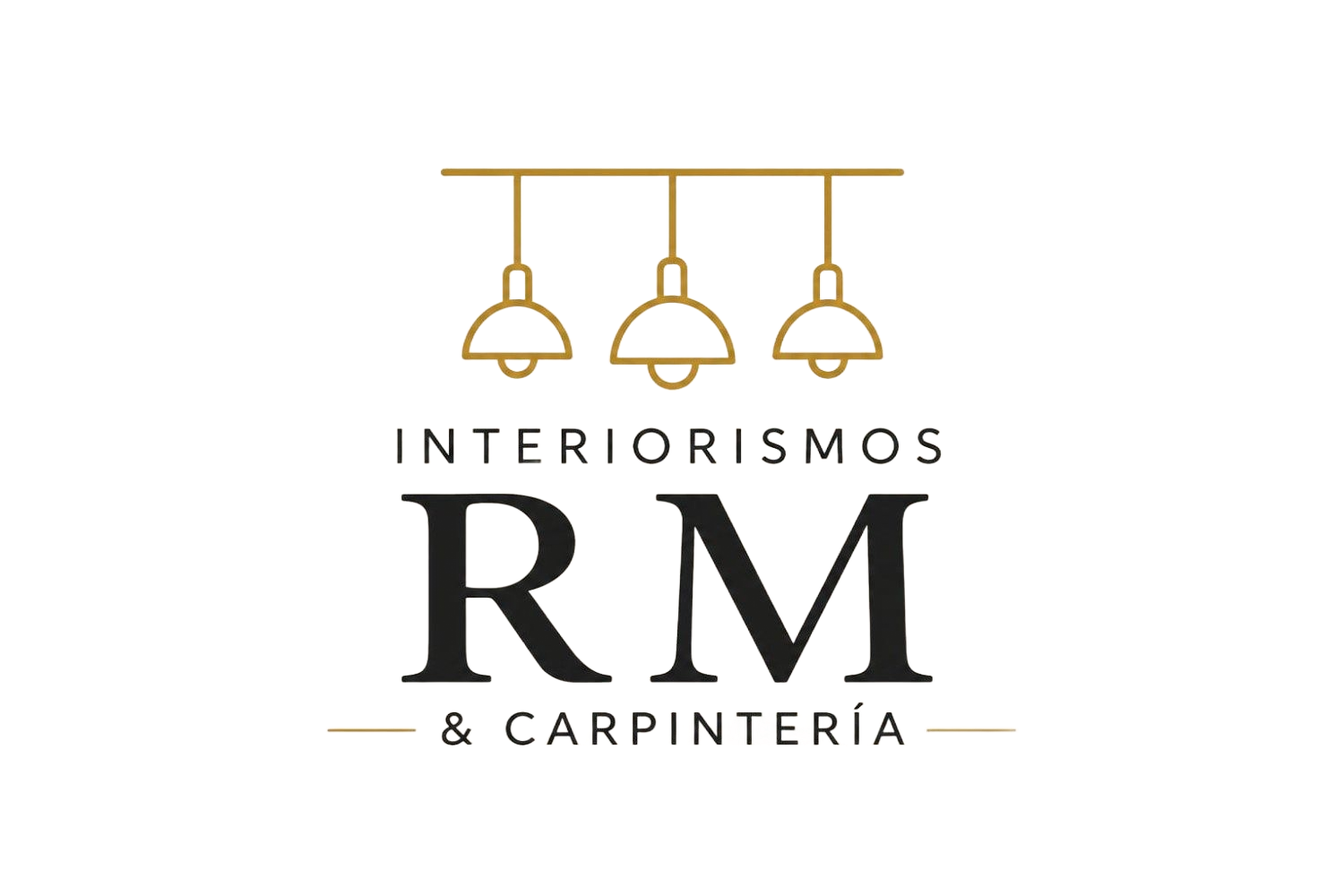Logo de Interiorismos RM y Carpintería con lámparas doradas y texto negro sobre fondo blanco