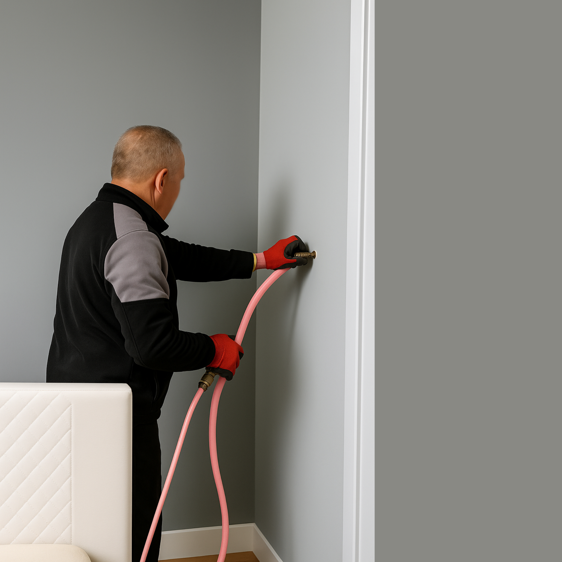 A close-up of a ceiling cleaner with a brush attached to a hose. The device is connected to the ceiling.