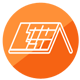 Un icono de techo en un círculo naranja sobre un fondo blanco.