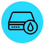 Un círculo azul con una caja y una gota de agua dentro.