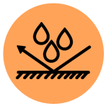 Un icono impermeable con gotas de agua y una flecha en un círculo naranja.