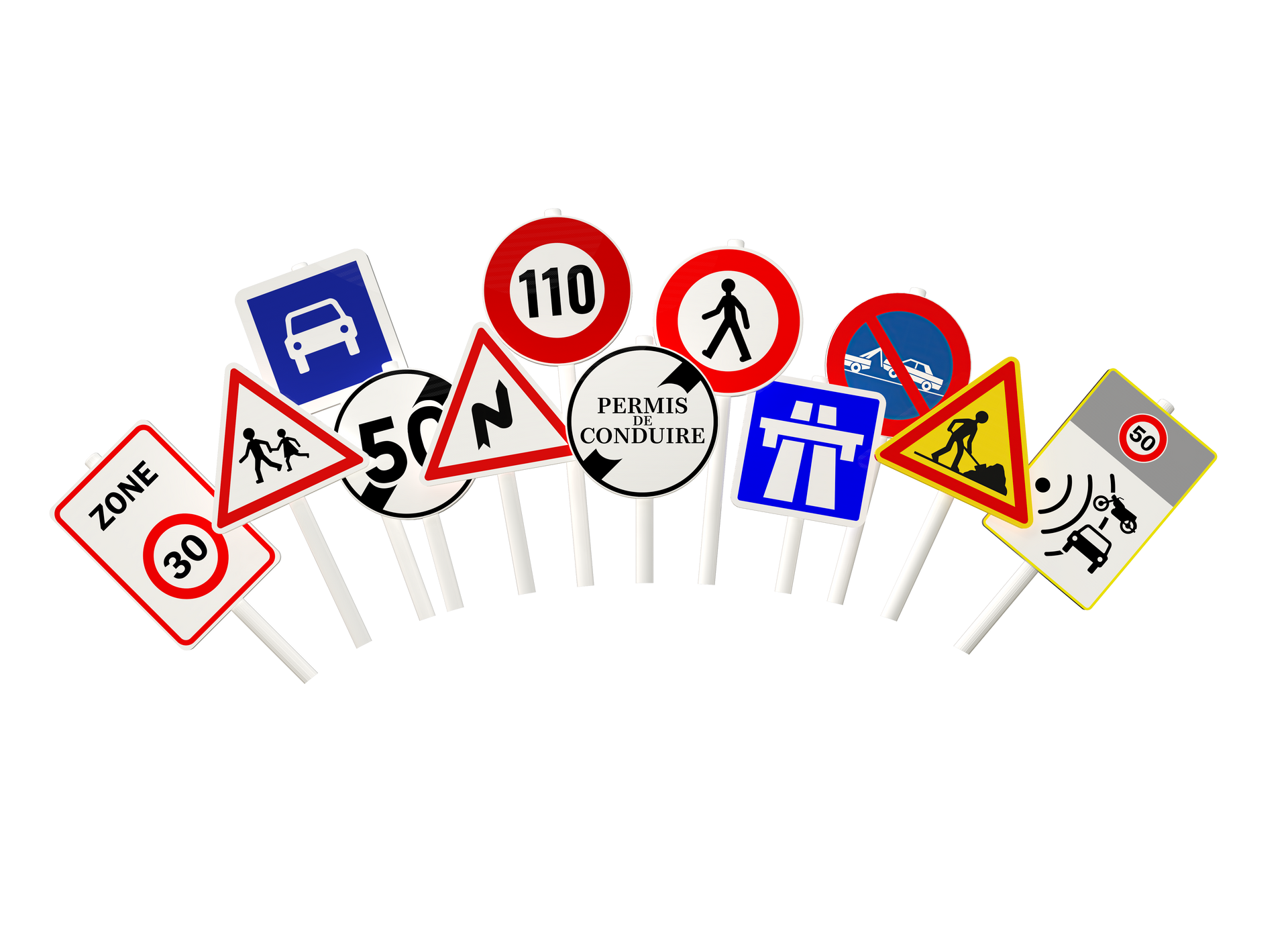 Plusieurs panneaux de signalisation sur fond blanc.
