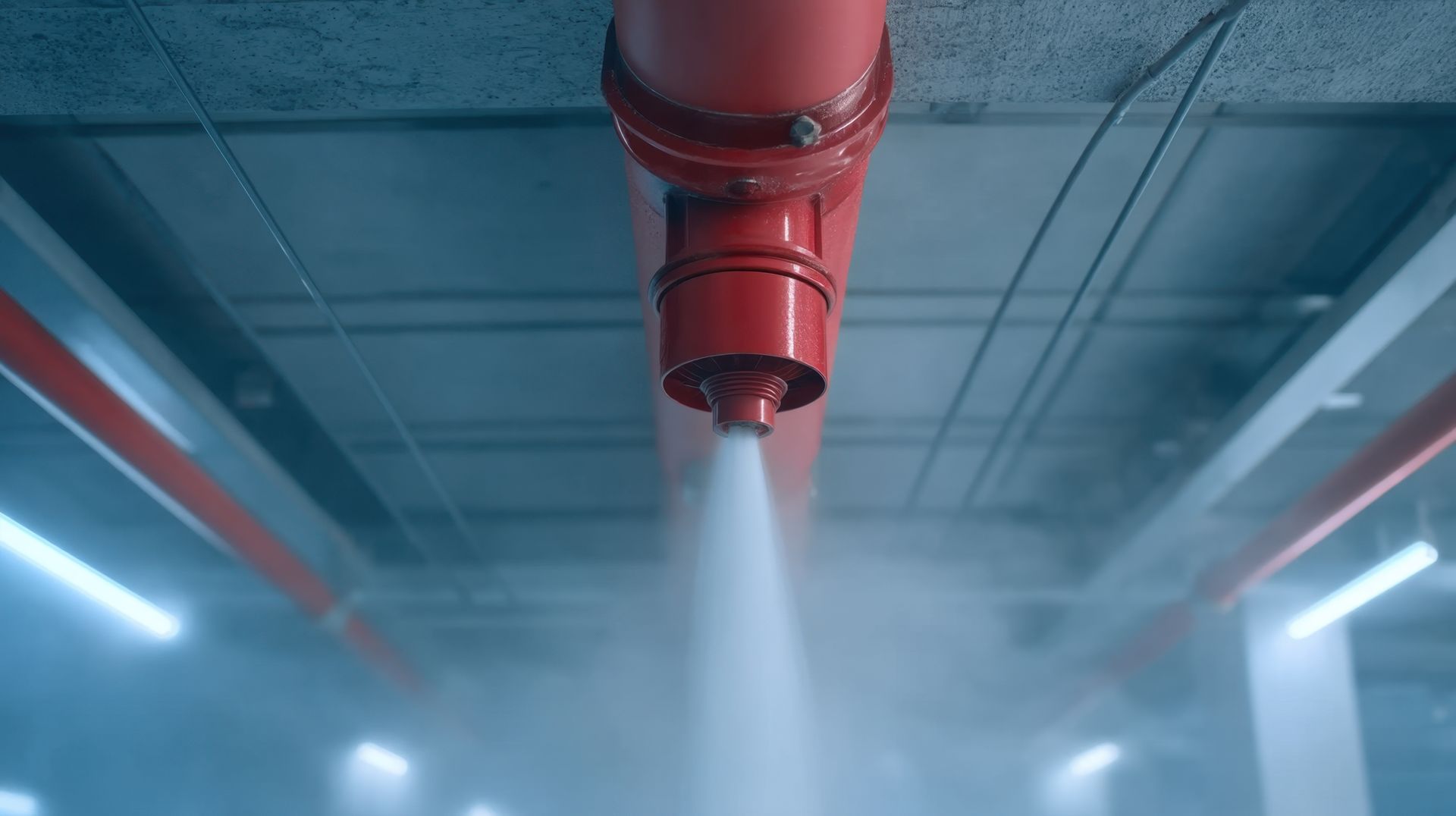 Un gicleur d'incendie rouge projette de l'eau dans un espace industriel faiblement éclairé.