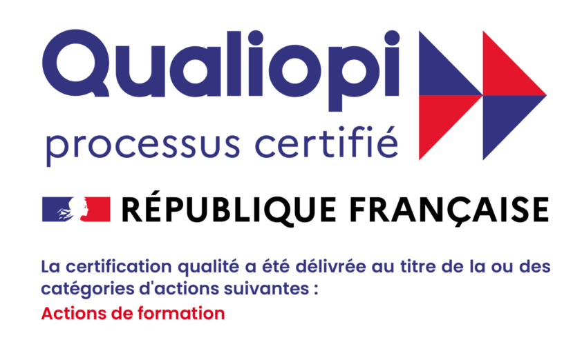 Logo de certification Qualiopi avec drapeau français et texte : Actions de formation.