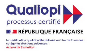 Logo de certification Qualiopi avec drapeau français et texte : Actions de formation.