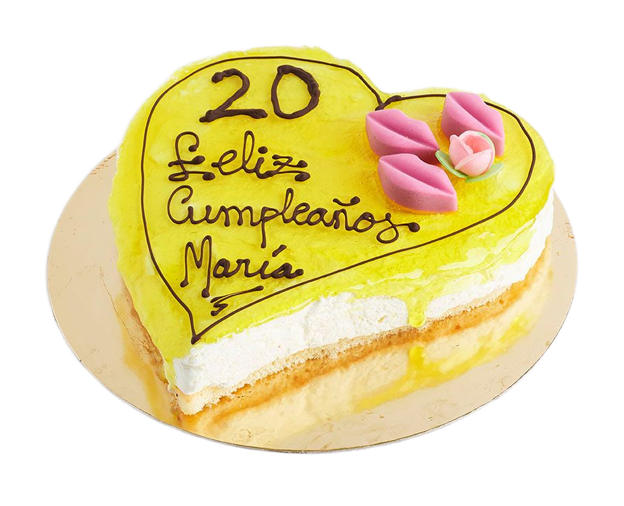 Mouse de limón en forma de corazón con flores rosas y “20 Feliz cumpleaños María” escrito en la parte superior.