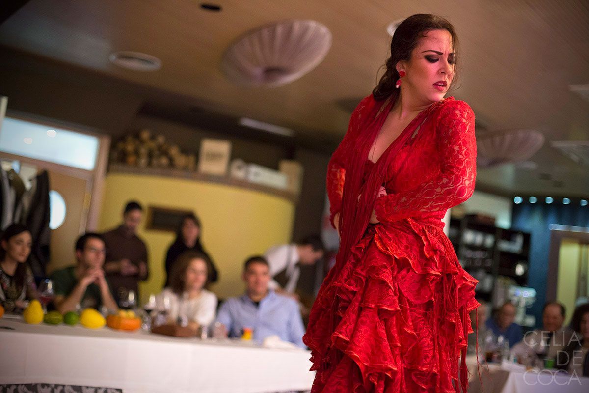 Una mujer con un vestido rojo baila flamenco delante de una multitud.