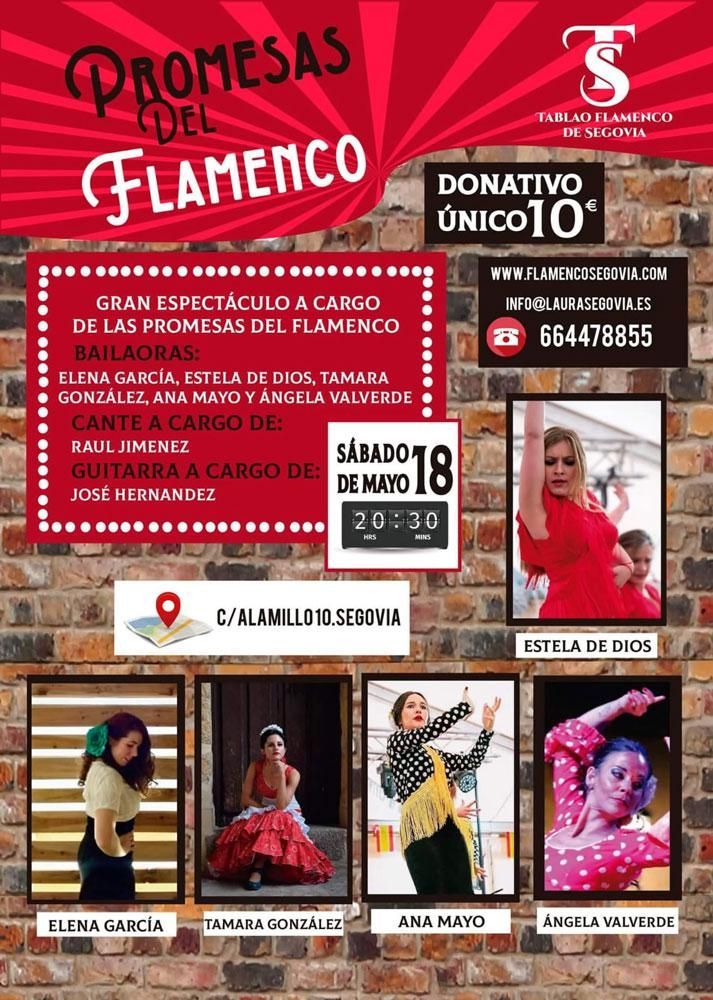 Un cartel de Promesas del Flamenco con una pared de ladrillos al fondo.