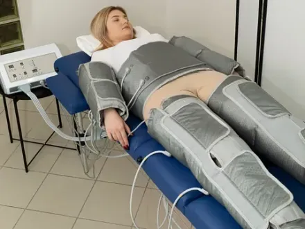 Una mujer está acostada en una cama recibiendo un tratamiento de drenaje linfático.