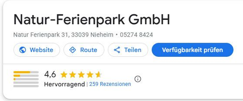 Google-Unternehmenseintrag für Natur-Ferienpark GmbH mit Bewertungs-, Rezensions- und Buchungsbuttons