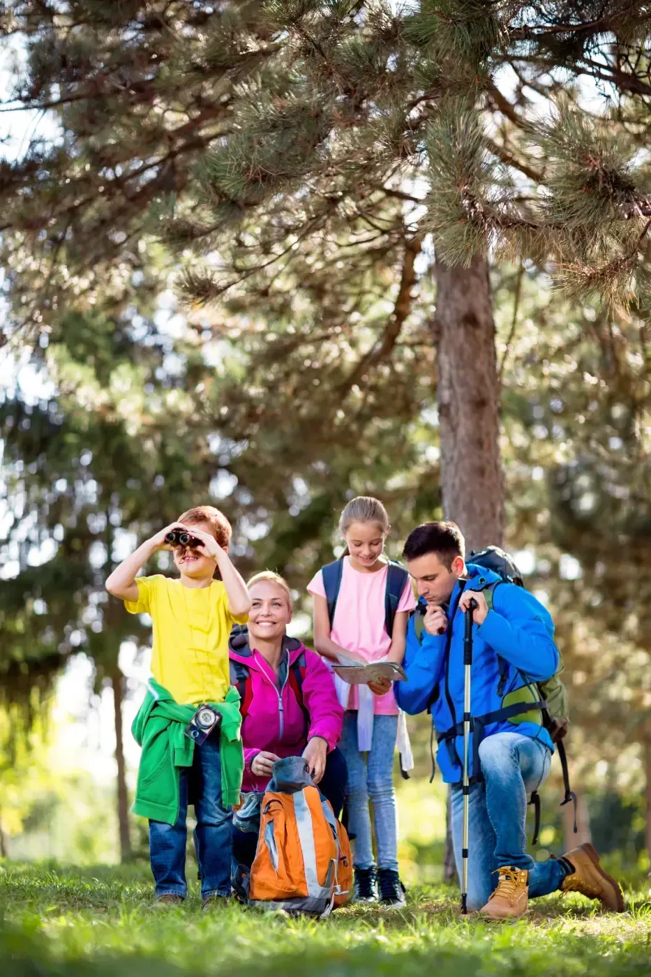 Eine Familie mit Rucksäcken macht Halt in einem Wald; ein Kind schaut durch ein Fernglas, während ein anderes mit einem Elternteil eine Karte studiert.