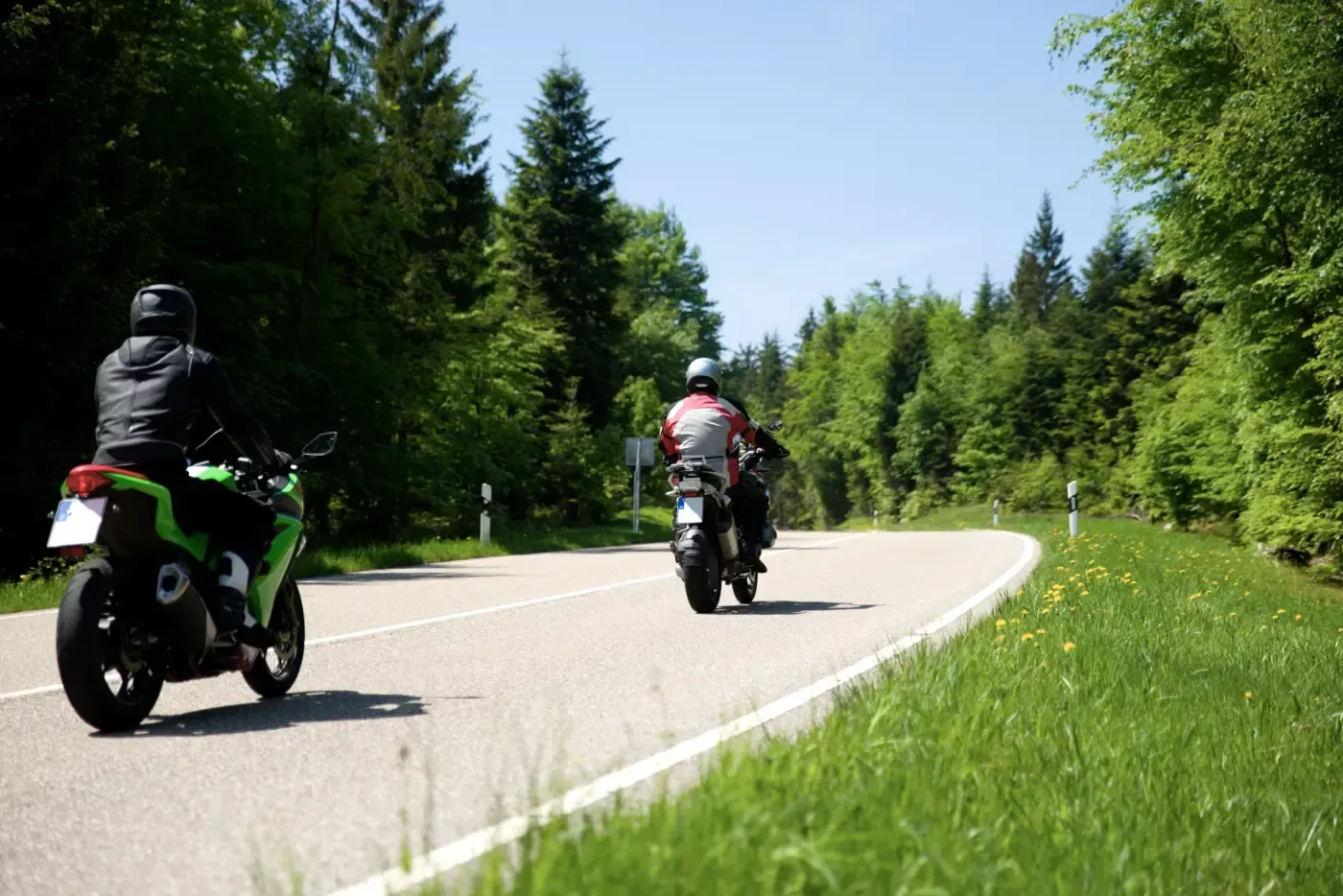Zwei Motorradfahrer fahren auf einer asphaltierten, kurvenreichen Straße durch einen sonnigen, grünen Wald.