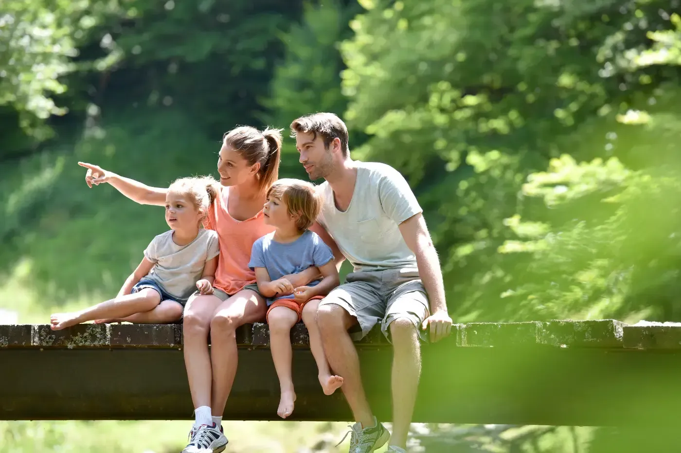 Eine Familie sitzt auf einer Holzbrücke in einem sonnenbeschienenen Wald, wobei ein Elternteil auf etwas in der Ferne zeigt.