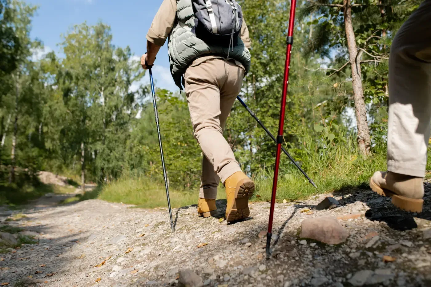 Zwei Personen wandern mit Wanderstöcken auf einem Schotterweg in einem sonnenbeschienenen Wald.
