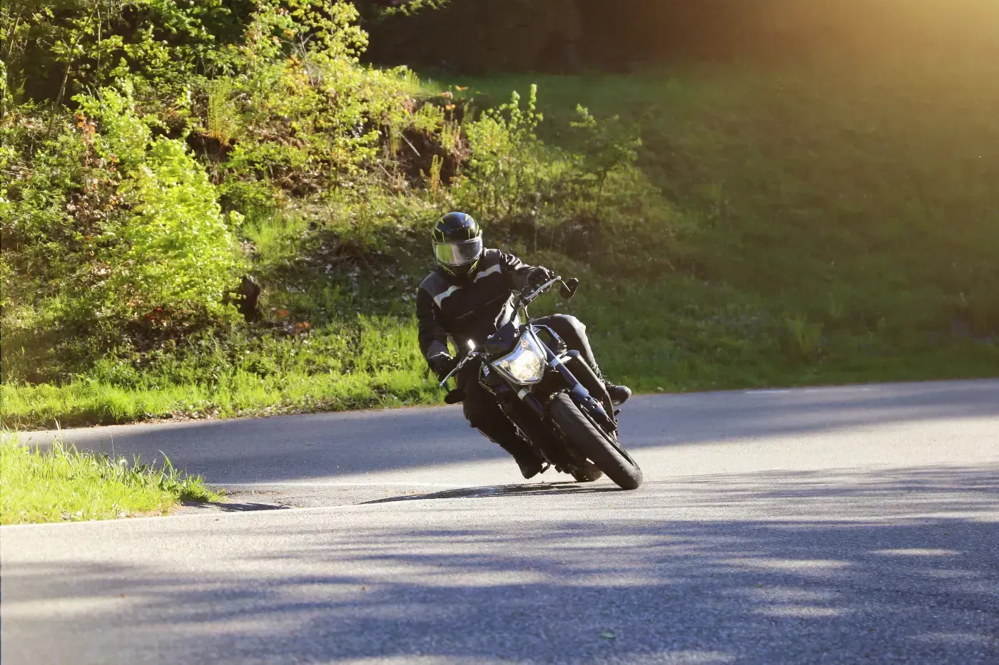 Ein Motorradfahrer in Schutzkleidung lehnt sich in eine Kurve auf einer sonnenbeschienenen Straße, die von üppigem Grün gesäumt ist.