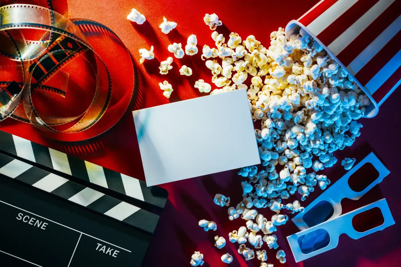 Auf einer roten Fläche neben einer leeren weißen Karte liegen eine Filmklappe, eine Filmrolle, verschüttetes Popcorn und eine 3D-Brille.