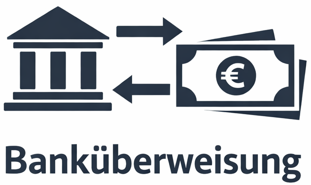 Symbol mit einem Bankgebäude und einem Stapel Euro-Banknoten, darunter Pfeile in beide Richtungen und das Wort „Banküberweisung“.
