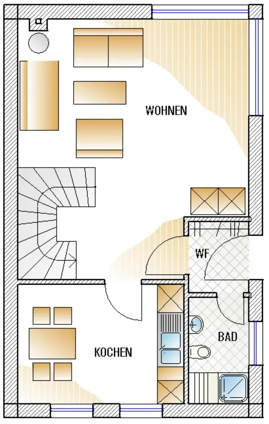 Ein Grundriss, der einen Wohnbereich mit Treppe, eine Küche mit Esstisch, ein Badezimmer und einen Eingangsbereich zeigt.