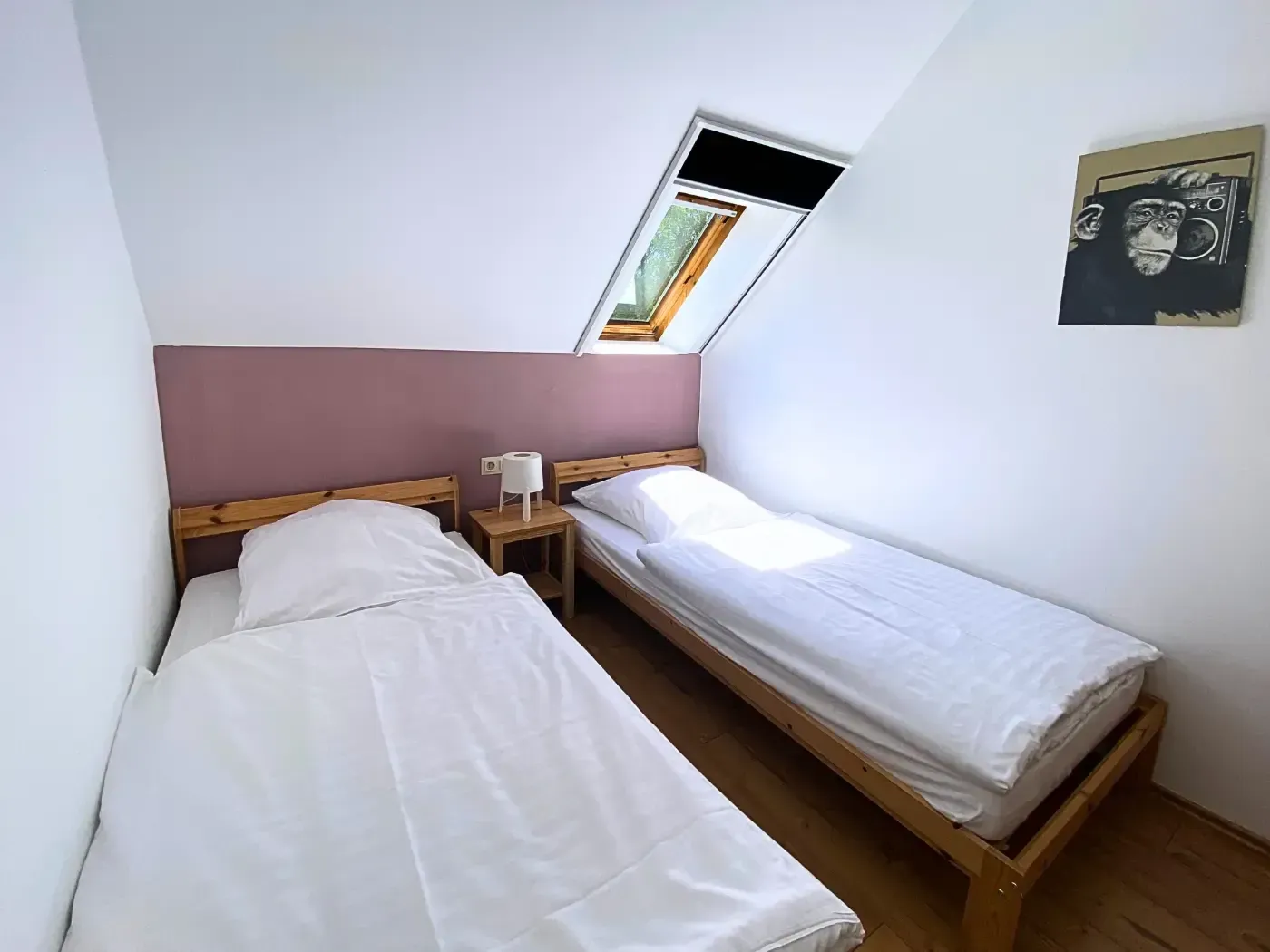 Zwei Einzelbetten mit weißer Bettwäsche in einem Schlafzimmer mit Dachschrägen, einem Dachfenster und einem Schimpansenbild an der Wand.