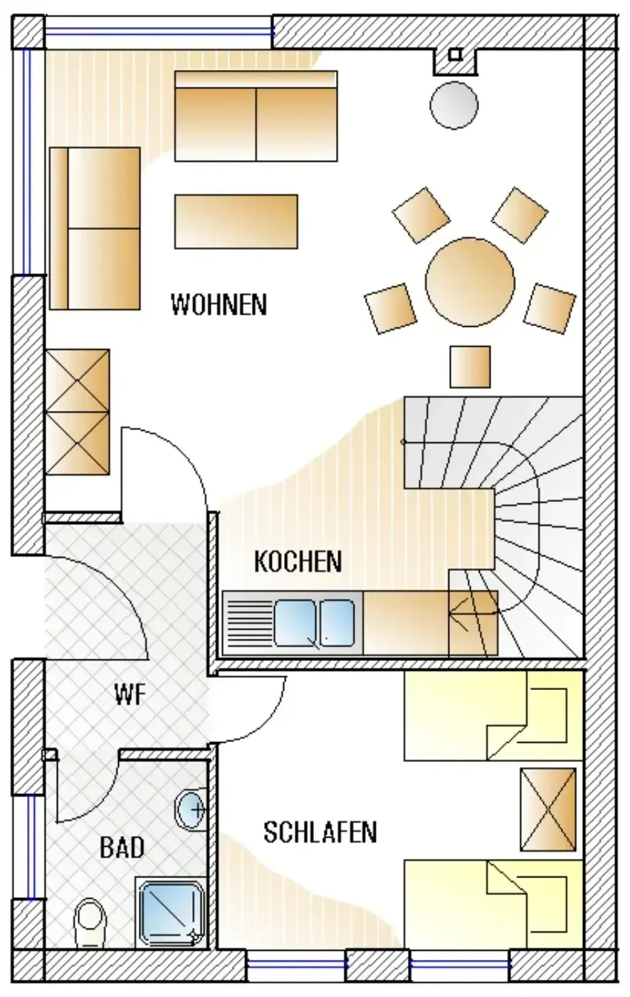 Grundriss einer kleinen Wohnung mit kombiniertem Wohn- und Esszimmer, Küchenbereich, Schlafzimmer und Badezimmer.