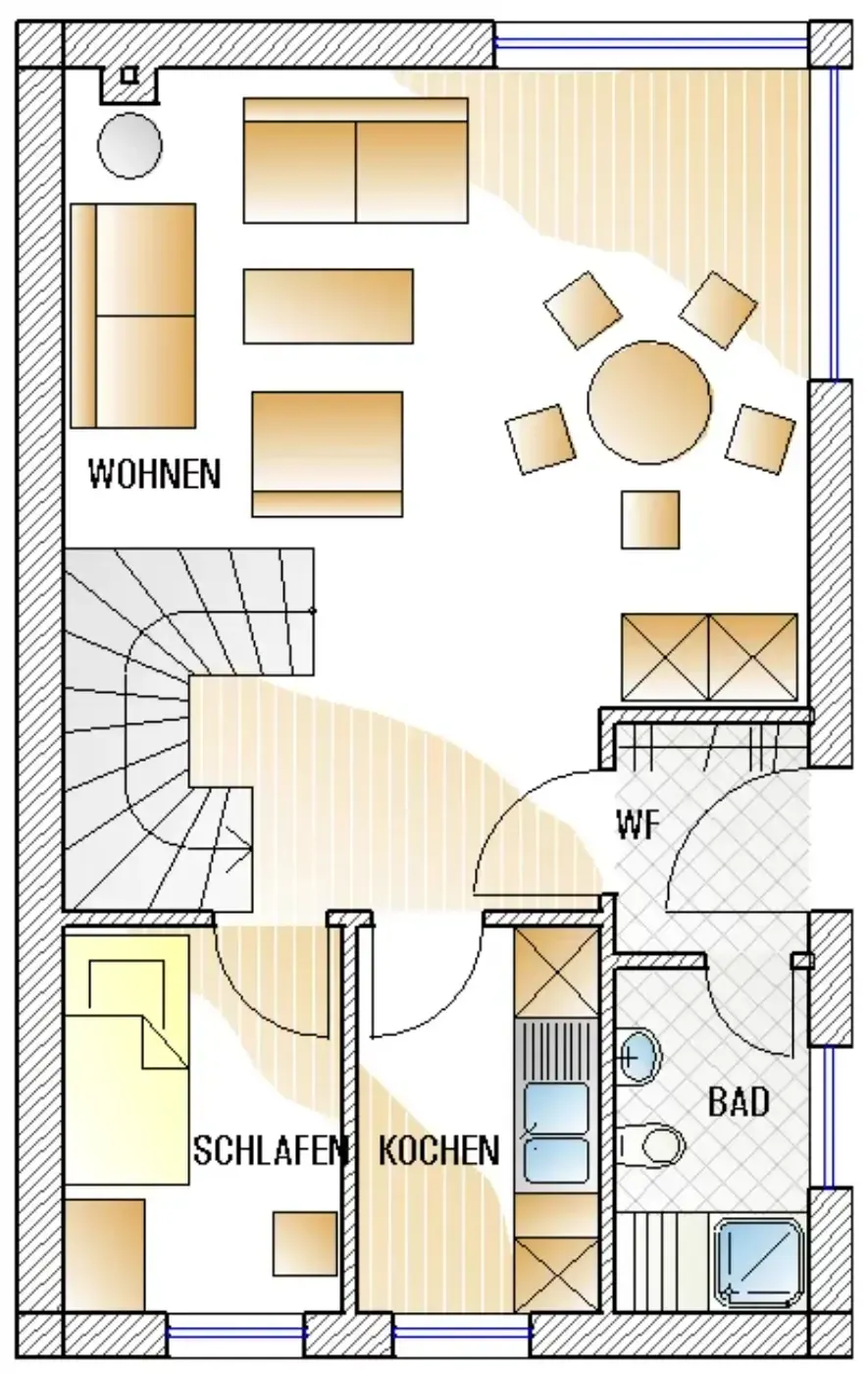Grundriss eines Erdgeschosses mit Wohnbereich, Essbereich, Treppe, Schlafzimmer, Küche, Badezimmer und Eingangshalle.