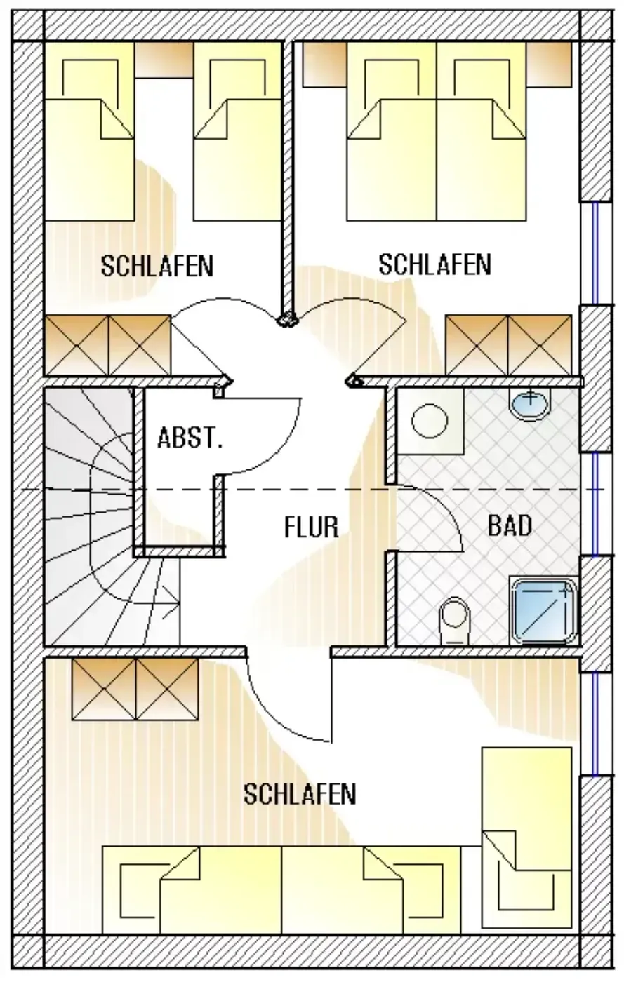 Ein Grundriss, der einen Flur, ein Badezimmer, einen Abstellraum, ein Treppenhaus und drei Schlafzimmer mit Möbeln zeigt.