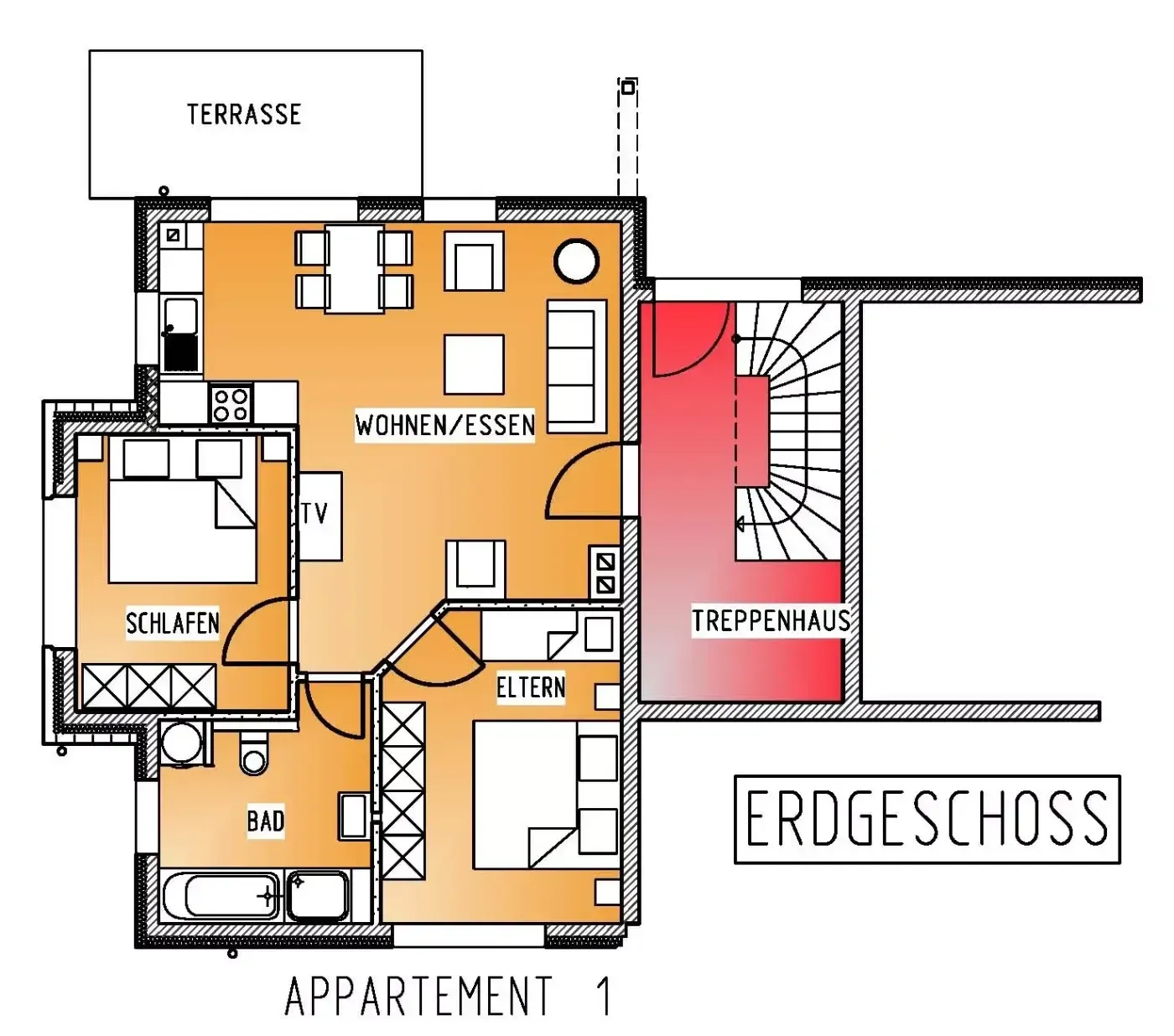 Grundriss der Erdgeschosswohnung 1 mit Wohn-/Essbereich, zwei Schlafzimmern, Badezimmer und Terrasse.